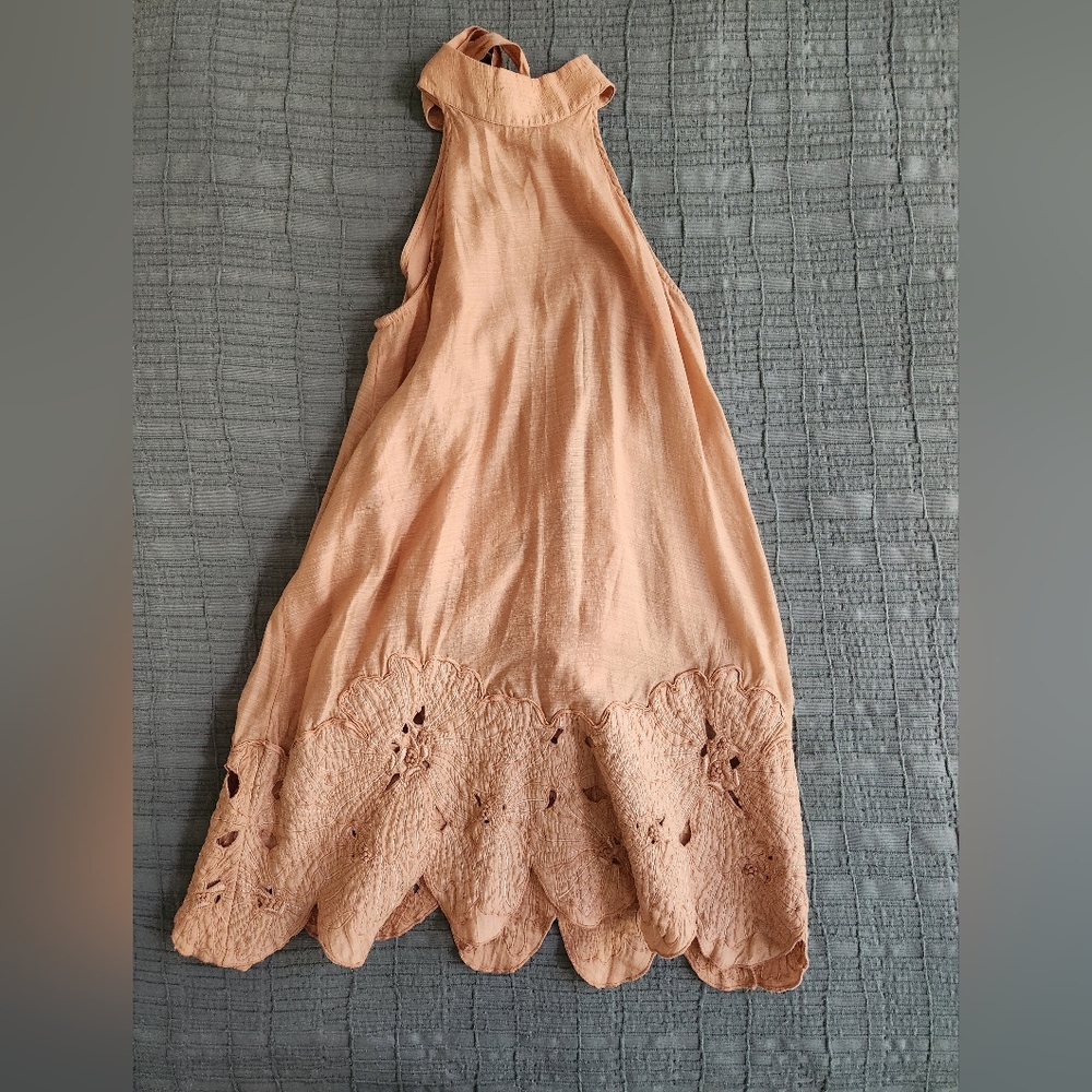 Raw Silk Peach Halter Dress With Embroidered Hem